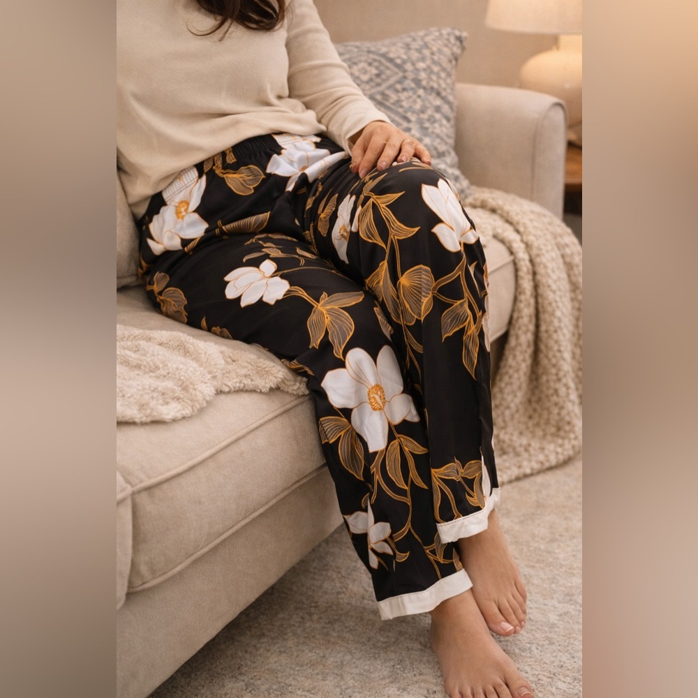Breezies Satin Polyester Floral Pull On Wide Leg Pajama Pants Black Size 1X
